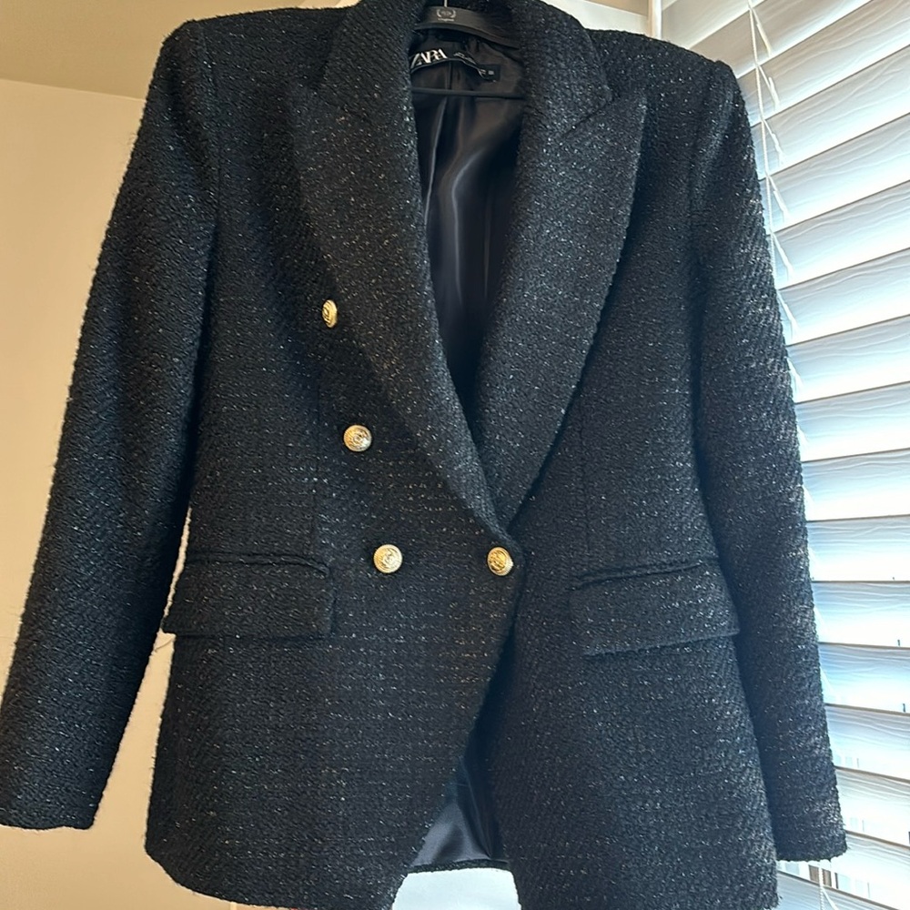 ZARA - never worn, Black metallic tweed double breasted blazer (M)